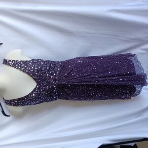 Patra purple sequined, beaded twist mesh V neck dress size 8, 19" PTP, 40" L